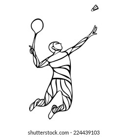 Silhouette of abstract badminton player doing smash shot. Black and white outline professional badminton player.