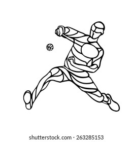 Silhouette of abstract badminton player doing smash shot. Black and white outline professional badminton player. Vector illustration