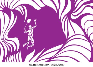 Silhouette of abstract badminton player doing smash shot on curly waves purple background