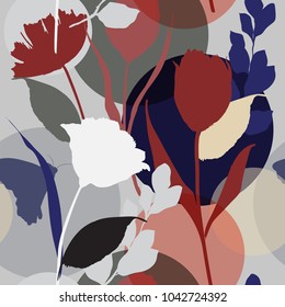 Silhouette Abstract botanical flower composition of garden leaves.colorful seamless pattern wallpaper on modern background Silhouette Abstract botanical flower composition of garden leaves.colorful seamless pattern wallpaper on modern background