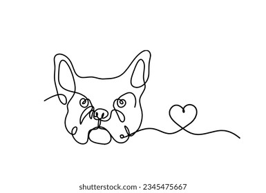 Silhouette of abstract bulldog with heart as line drawing on white background. Vector