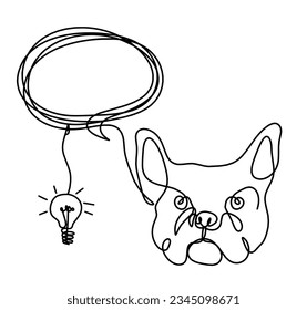Silhouette of abstract bulldog with light bulb as line drawing on white background. Vector
