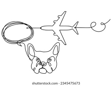 Silhouette of abstract bulldog with plane as line drawing on white background. Vector