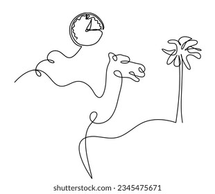 Silhouette eines abstrakten Kamels mit der Uhr als Linienzeichnung auf Weiß. Vektorgrafik