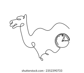 Silhouette of abstract camel with clock as line drawing on white. Vector