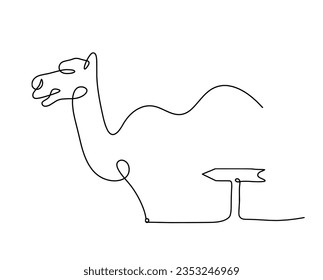 Silhouette of abstract camel with direction as line drawing on white. Vector