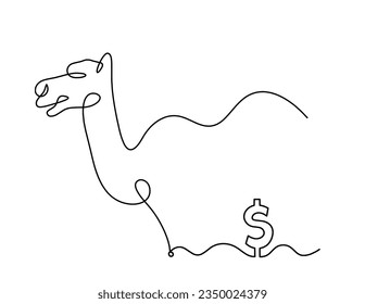 Silhouette of abstract camel with dollar as line drawing on white. Vector