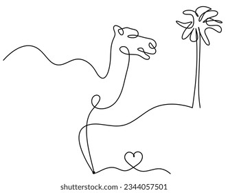 Silhouette of abstract camel with heart as line drawing on white. Vector