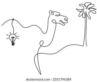 Silhouette of abstract camel with light bulb as line drawing on white. Vector