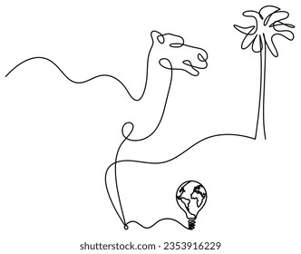 Silhouette of abstract camel with light bulb as line drawing on white. Vector