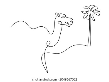 Silhouette of abstract camel with palm as line drawing on white. Vector