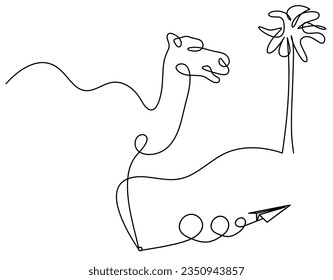 Silhouette of abstract camel with paper plane as line drawing on white. Vector
