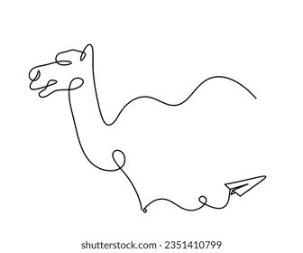 Silhouette of abstract camel with paper plane as line drawing on white. Vector