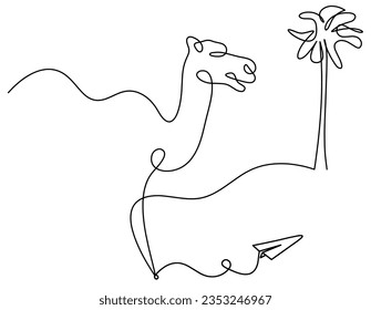 Silhouette of abstract camel with paper plane as line drawing on white. Vector