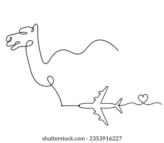 Silhouette of abstract camel with plane as line drawing on white. Vector