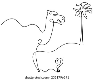 Silhouette eines abstrakten Kamels mit Fragezeichen als Linienzeichnung auf Weiß. Vektorgrafik