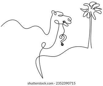 Silhouette of abstract camel with question mark as line drawing on white. Vector