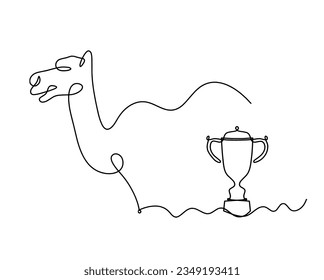 Silhouette eines abstrakten Kamels mit Trophäe als Linienzeichnung auf Weiß. Vektorgrafik