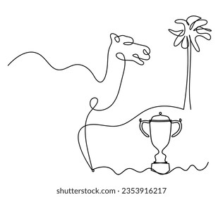 Silhouette of abstract camel with trophy as line drawing on white. Vector