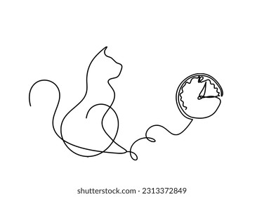 Silueta de gato abstracto con un reloj en línea dibujando sobre blanco. Vector