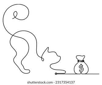 Silhouette of abstract cat with dollar in line drawing on white. Vector