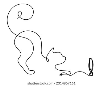 Silhouette of abstract cat with exclamation mark in line drawing on white. Vector