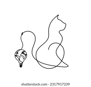 Silueta de gato abstracto con signo de exclamación en línea dibujando sobre blanco. Vector