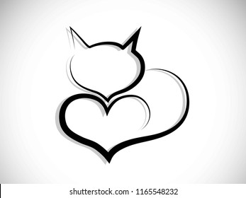 Silhouette of abstract cat and heart  - vector illustration