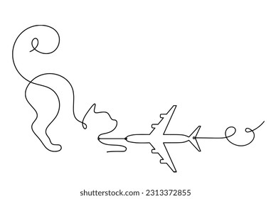 Silhouette of abstract cat with plane in line drawing on white. Vector