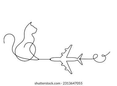 Silhouette of abstract cat with plane in line drawing on white. Vector
