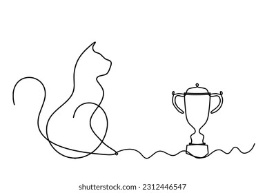 Silueta de gato abstracto con trofeo en línea dibujando sobre blanco. Vector