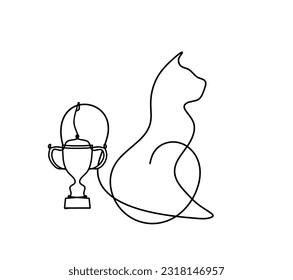 Silhouette of abstract cat with trophy in line drawing on white. Vector