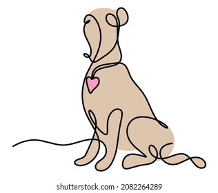 Silhouette of abstract color dog with heart as line drawing on white. Vector