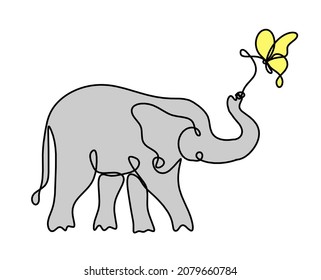 Silhouette of abstract color elephant with butterfly as line drawing on white. Vector