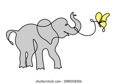 Silhouette of abstract color elephant with butterfly as line drawing on white. Vector