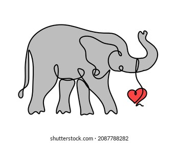 Silhouette of abstract color elephant with heart as line drawing on white. Vector