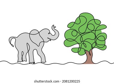 Silhouette of abstract color elephant with tree as line drawing on white. Vector