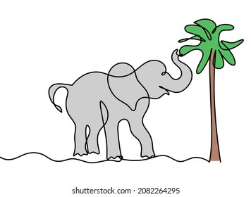 Silhouette of abstract color elephant with tree as line drawing on white. Vector