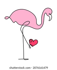 Silhouette of abstract color flamingo with heart as line drawing on white. Vector
