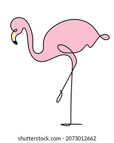 Silhouette of abstract color flamingo as line drawing on white. Vector