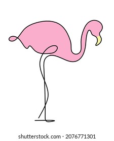 Silhouette of abstract color flamingo as line drawing on white. Vector