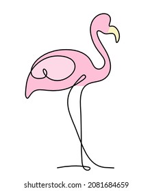 Silhouette of abstract color flamingo as line drawing on white. Vector