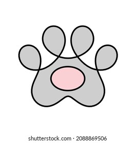 Silhouette of abstract color paw as line drawing on white. Vector
