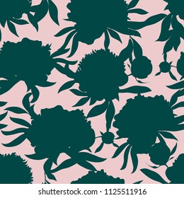 Silhouette abstract color seamless pattern with peony flowers and leaves. Blossom floral colorful vector texture in modern style. Hand drawn peonies in pastel colors. Good for fashion prints