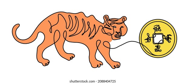 Silhouette of abstract color tiger with chinese coin and abstract hieroglyphs as line drawing on white. Vector