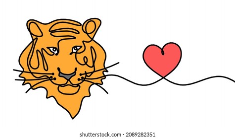 Silhouette of abstract color tiger with heart as line drawing on white. Vector