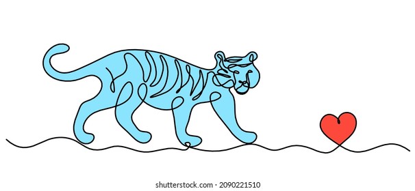 Silhouette of abstract color tiger with heart as line drawing on white. Vector