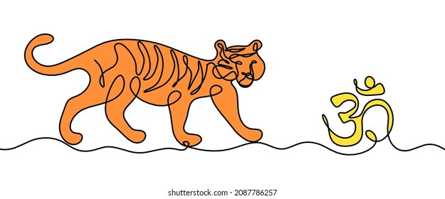 Silhouette of abstract color tiger with sign om as line drawing on white. Vector