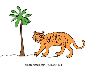 Silhouette of abstract color tiger with tree as line drawing on white. Vector