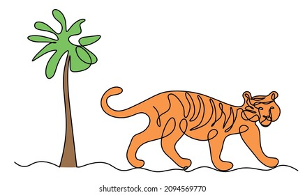 Silhouette of abstract color tiger with tree as line drawing on white. Vector